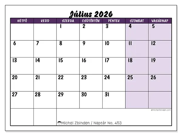 nyomtatható naptár Július 2026 - Színes feladatok