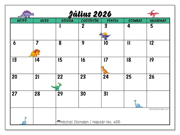 nyomtatható naptár Július 2026 - Kis dinoszauruszok