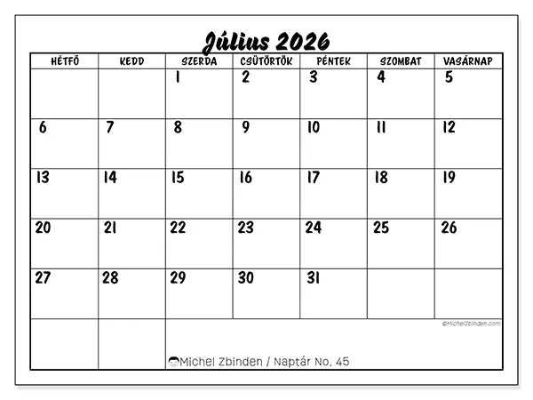 nyomtatható naptár Július 2026 - Iskolai siker