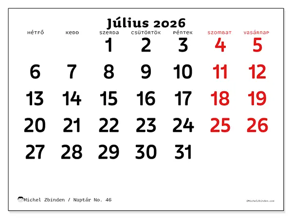 nyomtatható naptár Július 2026 - Tiszta kép