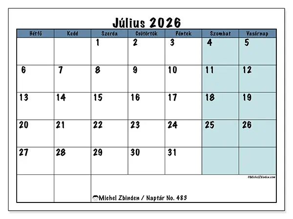nyomtatható naptár Július 2026 - Iskolai struktúra