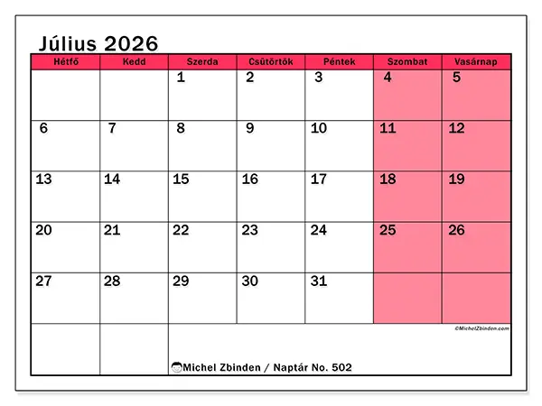 nyomtatható naptár Július 2026 - Világos hónap