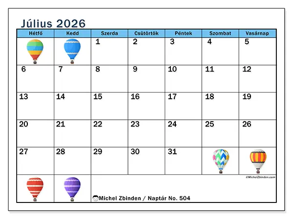 nyomtatható naptár Július 2026 - Hőlégballonok