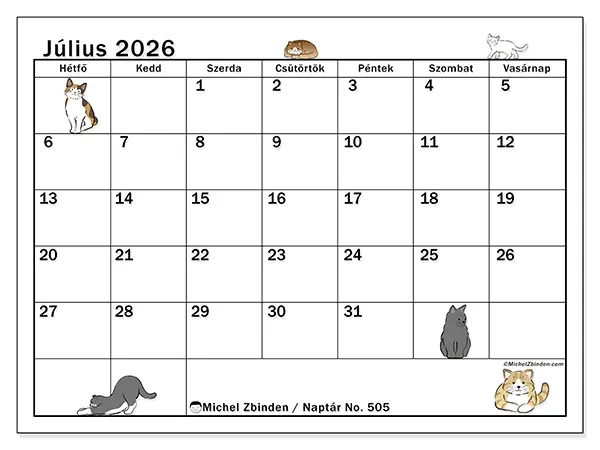 nyomtatható naptár Július 2026 - Macska élete