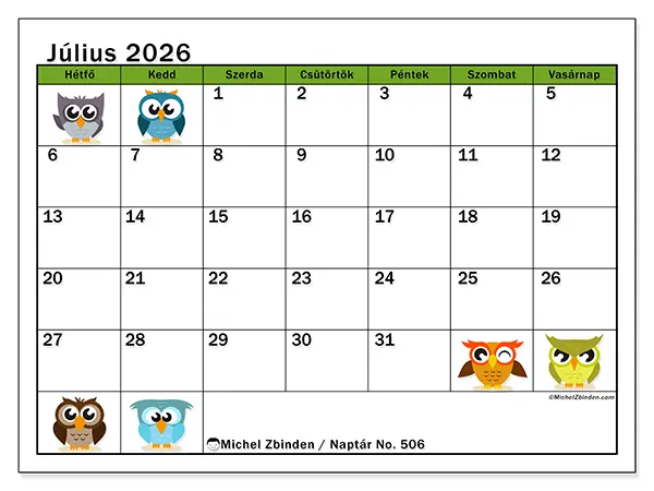 nyomtatható naptár Július 2026 - Vicces baglyok
