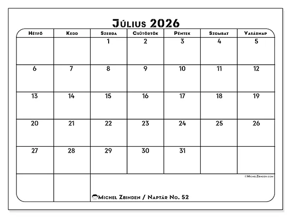 nyomtatható naptár Július 2026 - Munkaterv