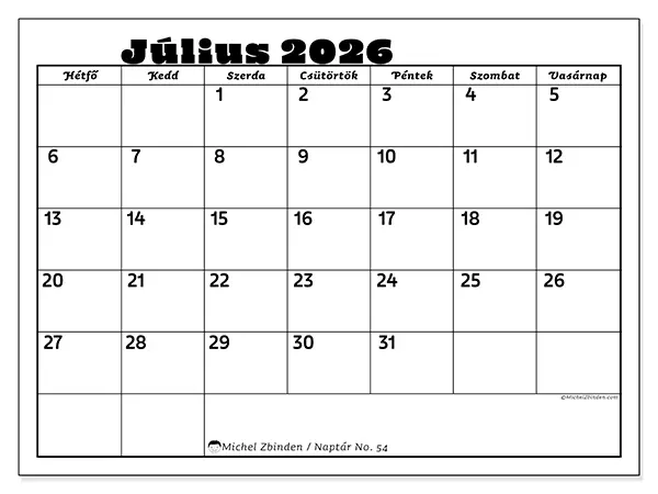 nyomtatható naptár Július 2026 - Családi tevékenységek