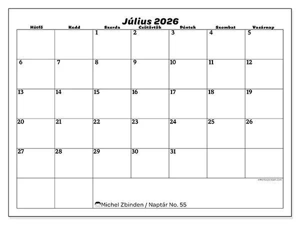 nyomtatható naptár Július 2026 - Szabadidő
