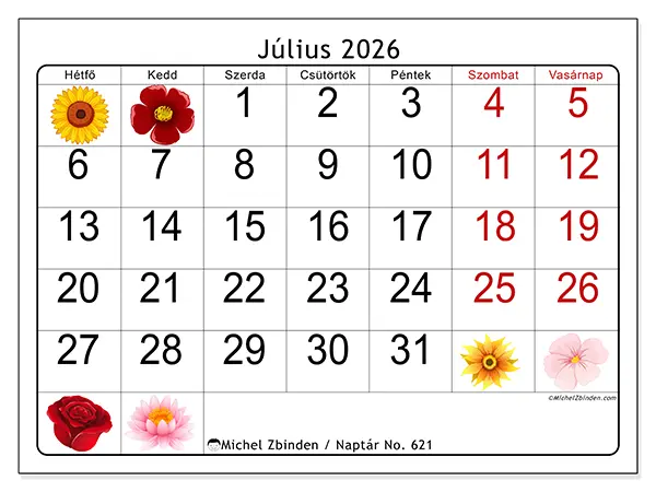 nyomtatható naptár Július 2026 - Nagy virágok