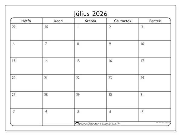 nyomtatható naptár Július 2026 - Munkanapok