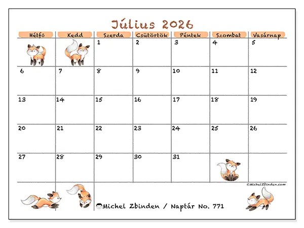 nyomtatható naptár Július 2026 - Róka rajzok