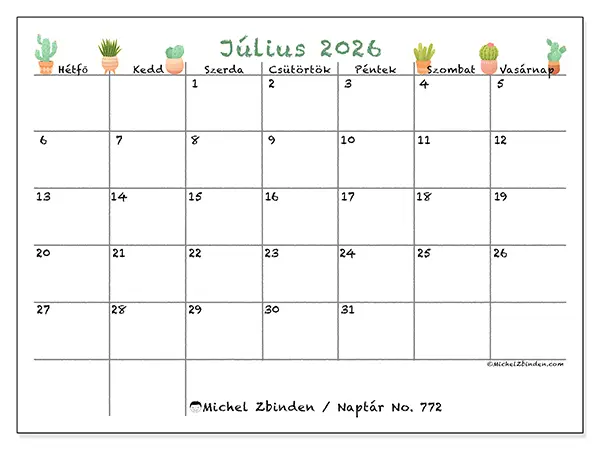 nyomtatható naptár Július 2026 - Dekoratív kaktuszok