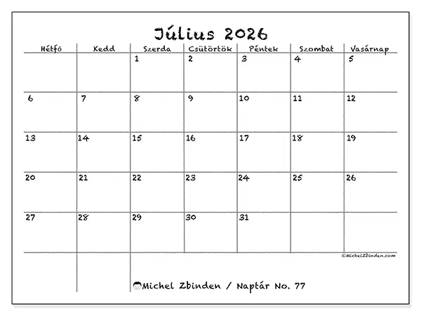 nyomtatható naptár Július 2026 - Iskola és család