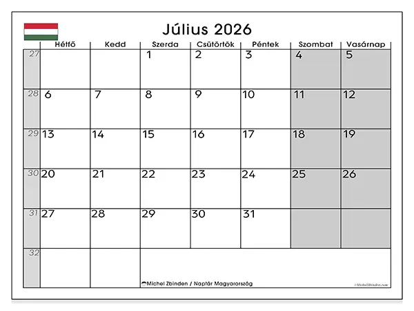 nyomtatható naptár Július 2026 - Magyarország
