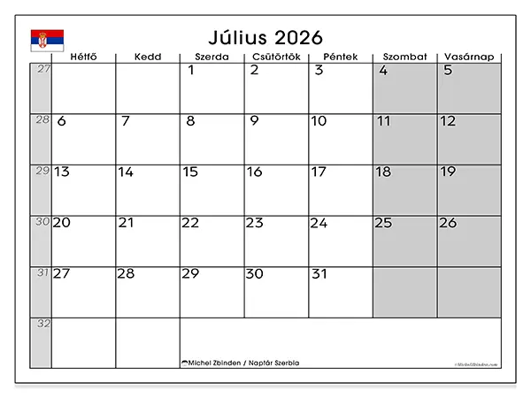nyomtatható naptár Július 2026 - Szerbia