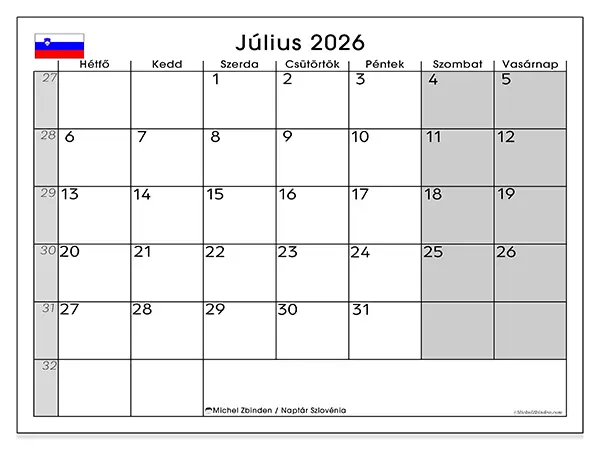 nyomtatható naptár Július 2026 - Szlovénia