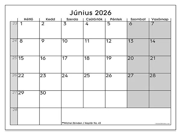 nyomtatható naptár Június 2026 - Jól áttekinthető