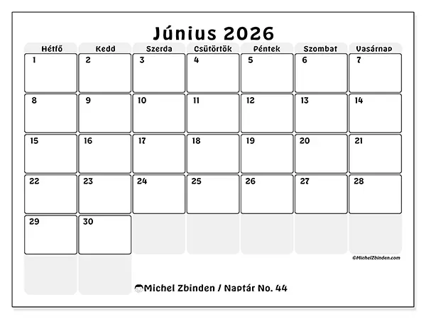 nyomtatható naptár Június 2026 - Jól tagolt terv