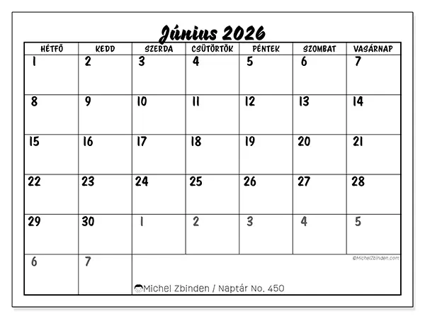 nyomtatható naptár Június 2026 - Részletes modell