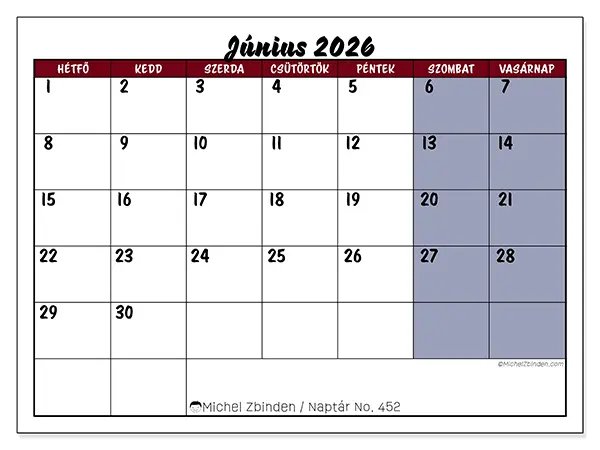 nyomtatható naptár Június 2026 - Feladatok színekben