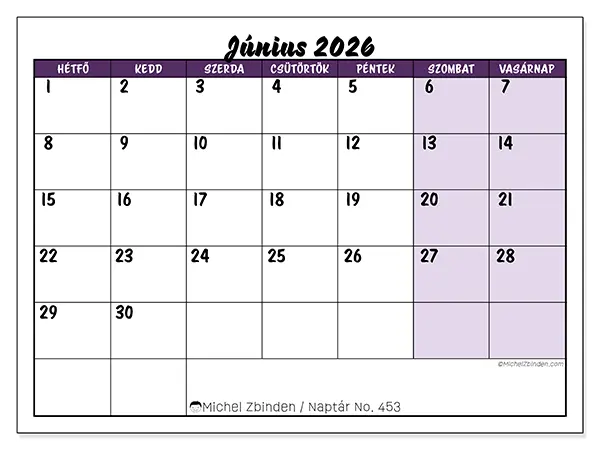 nyomtatható naptár Június 2026 - Színes feladatok