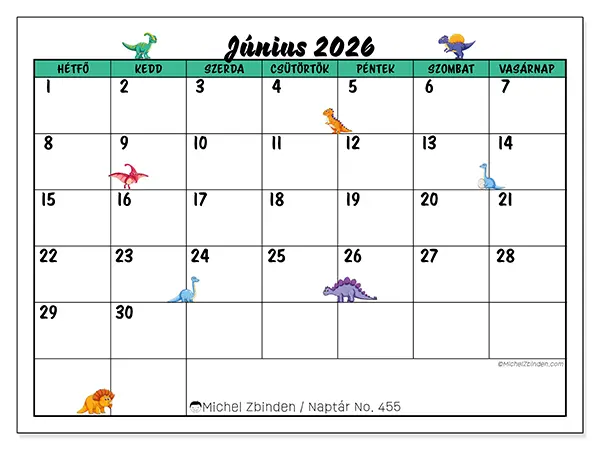 nyomtatható naptár Június 2026 - Kis dinoszauruszok