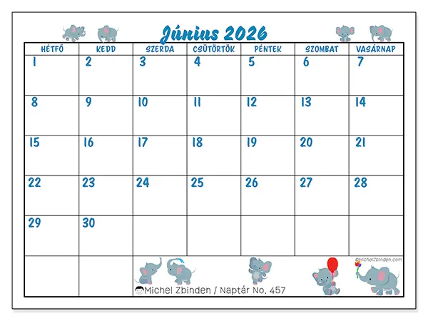 nyomtatható naptár Június 2026 - Kis elefántok