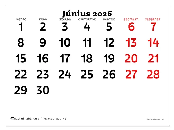 nyomtatható naptár Június 2026 - Tiszta kép