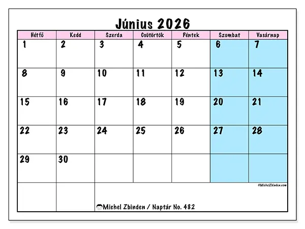 nyomtatható naptár Június 2026 - Csapat időbeosztás