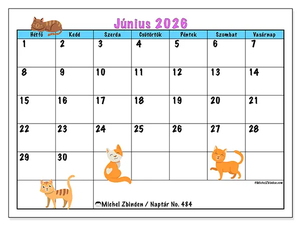 nyomtatható naptár Június 2026 - Macskák szeretete