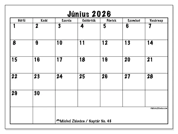 nyomtatható naptár Június 2026