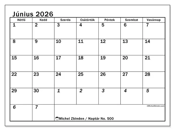 nyomtatható naptár Június 2026 - Intenzív tervezés