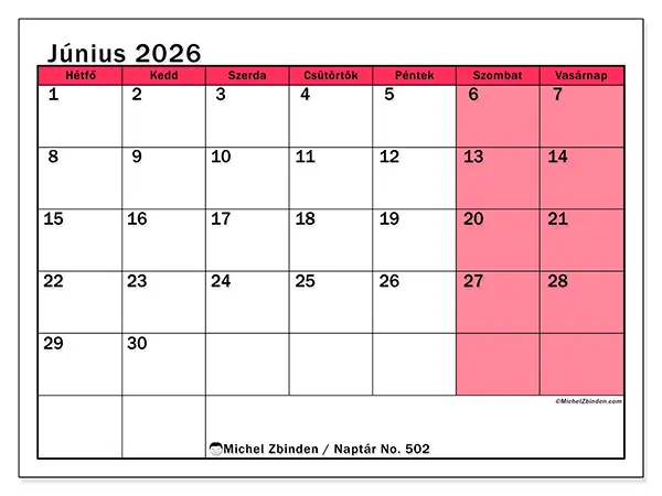 nyomtatható naptár Június 2026 - Világos hónap