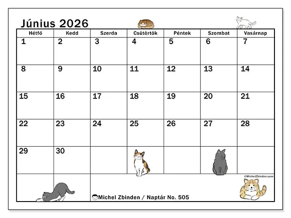 nyomtatható naptár Június 2026 - Macska élete