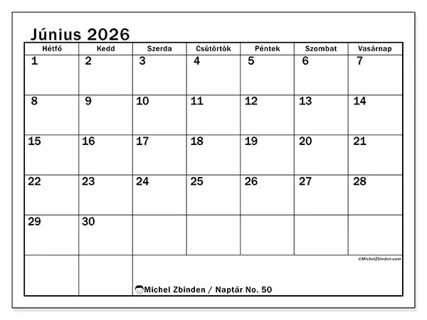 nyomtatható naptár Június 2026 - Áttekinthető hónap