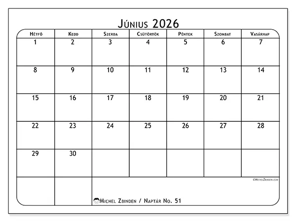 nyomtatható naptár Június 2026 - Étkezéstervező
