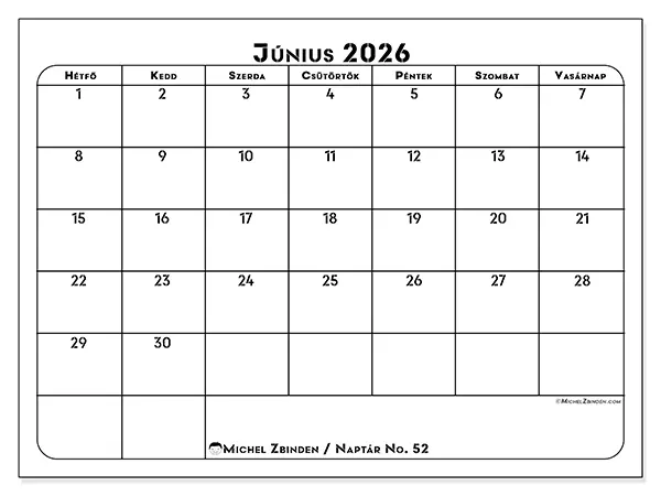 nyomtatható naptár Június 2026 - Munkaterv