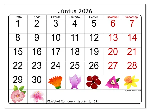 nyomtatható naptár Június 2026 - Nagy virágok