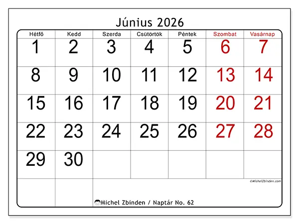 nyomtatható naptár Június 2026 - Gyors áttekintés