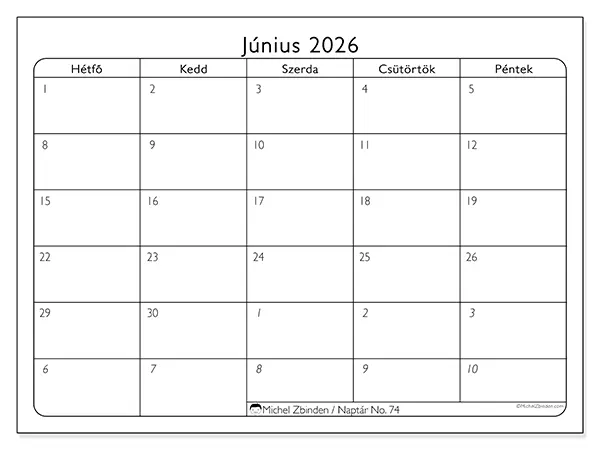 nyomtatható naptár Június 2026 - Munkanapok