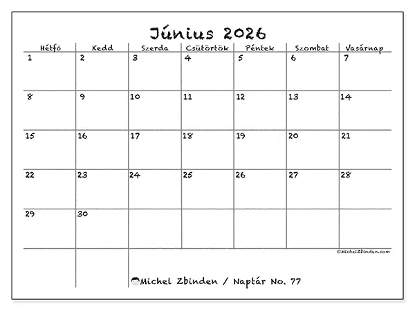 nyomtatható naptár Június 2026 - Iskola és család