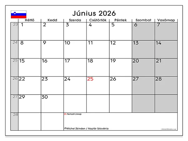 nyomtatható naptár Június 2026 - Szlovénia