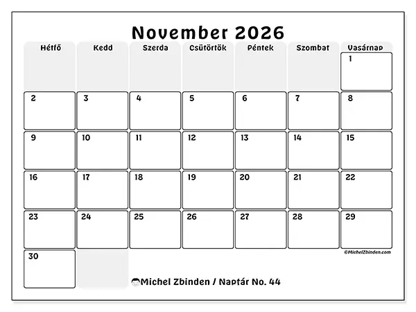 nyomtatható naptár November 2026 - Jól tagolt terv