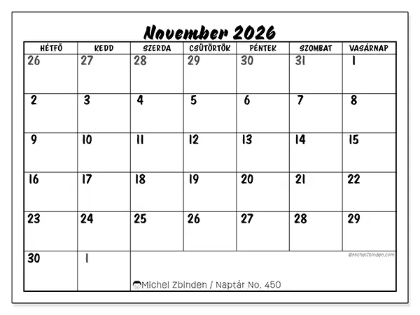 nyomtatható naptár November 2026 - Részletes modell