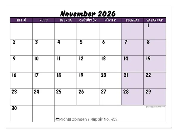 nyomtatható naptár November 2026 - Színes feladatok