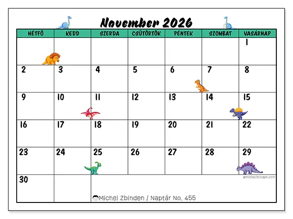 nyomtatható naptár November 2026 - Kis dinoszauruszok