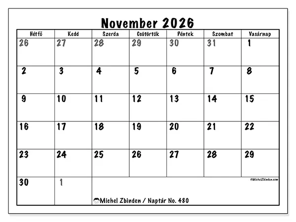 nyomtatható naptár November 2026 - Teljes tervezés