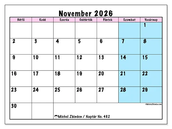 nyomtatható naptár November 2026 - Csapat időbeosztás