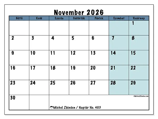 nyomtatható naptár November 2026 - Iskolai struktúra