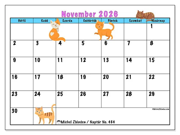 nyomtatható naptár November 2026 - Macskák szeretete